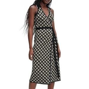 DVF Collared Sleeveless Vintage Weave Neutral Sweaterknit Midi Wrap Dress - XXS